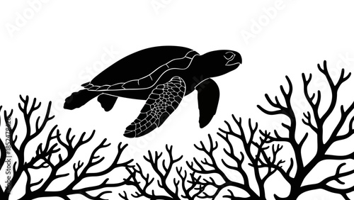 Black Silhouette of a Sea Turtle Swimming Underwater.