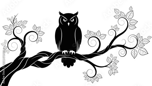Black silhouette of an owl perched on a tree branch with decorative leaves.