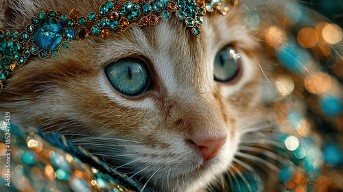Close-up of a cat wearing ornate, gem-studded accessories.