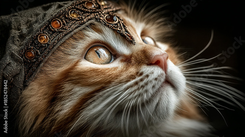 Close-up of a cat wearing an ornate, beaded headpiece.