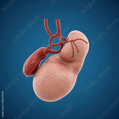 Acalculous Cholecystitis: A limp, shriveled human gallbladder, completely devoid of stones but severely distended and pale from inflammation. The bile ducts are constricted. Blue background, medical d