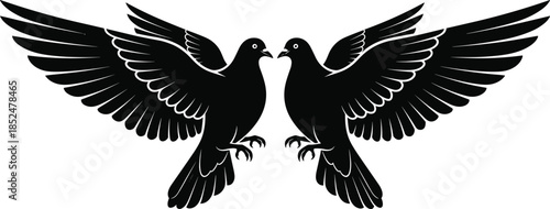 Two Doves Flying Facing Each Other Vector Silhouette, Peace and Love Symbolism, Black and White Wedding or Spiritual Graphic Illustration