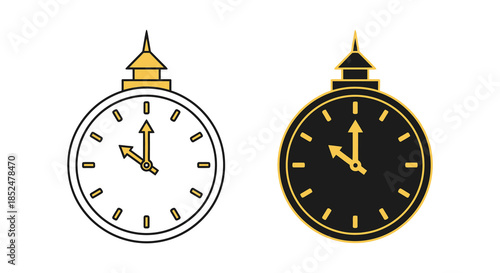 A comparison of two ornate clock designs one outlined and one filled silhouette