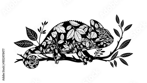 Chameleon with Leaf Pattern on a Branch Black and White Illustration.