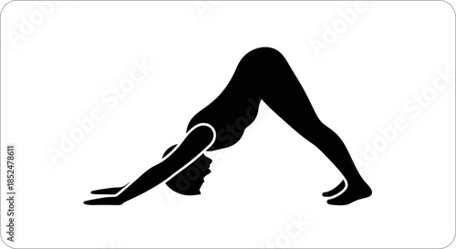 A woman is performing a downward-facing dog yoga pose, stretching her body into an inverted V shape, silhouetted against a clean white background.