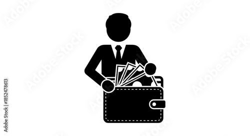 A businessman is seen putting money into a briefcase, standing in a professional setting with a suit and tie.