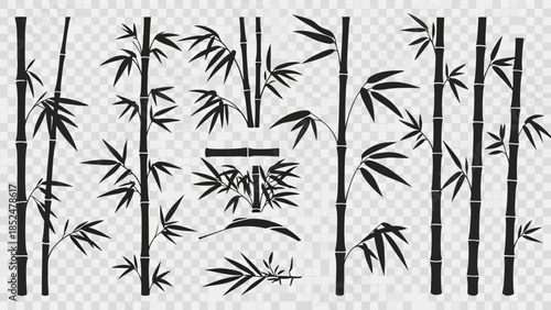 Collection of Black Bamboo Stalks and Leaves on Transparent Background.
