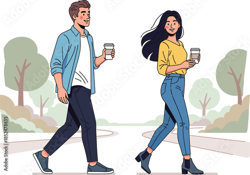 Two friends walking in park, holding coffee cups, casual outfits, outdoor lifestyle, cheerful mood, nature background, autumn day, vector illustration, leisure scene