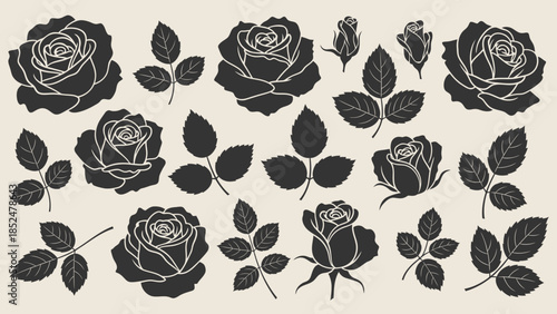 Collection of Black Rose Silhouettes with Leaves and Buds.