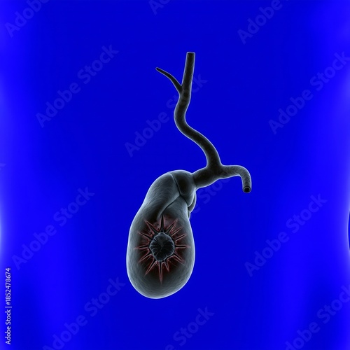 Gallbladder Torsion: A human gallbladder visually twisted on its own pedicle, appearing severely stressed and dark from inhibited blood flow. Bright, electric blue background, high contrast, 