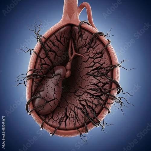 Gallbladder Cancer: A distorted, scarred human gallbladder, deeply cracked and consumed by dark, malignant growths resembling parasitic vines. The background is a gradient blue. Eye-catching, cinemati
