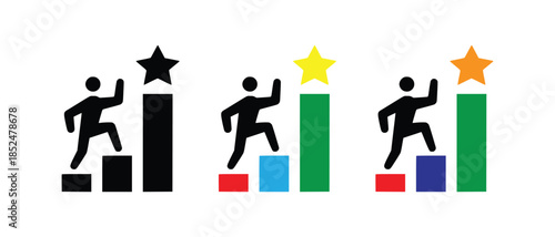 The journey to success: man climbing stairs towards a star icon set
