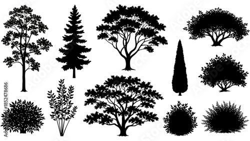 Collection of Diverse Tree and Bush Silhouettes for Design Projects.