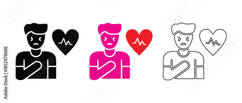Person experiencing chest pain or heart attack with an abnormal heart rhythm icon set