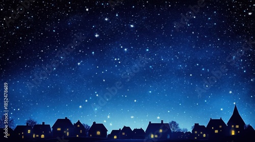 Starry Night Village Peaceful Scene.
