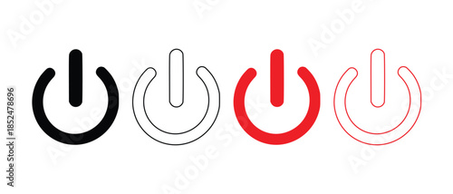 Collection of power on and off buttons in black and red colors for user interface design