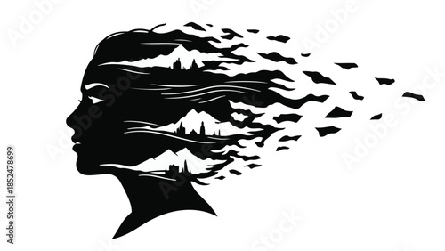 Woman's profile dissolving into a mountain landscape, symbolizing freedom and nature's embrace.