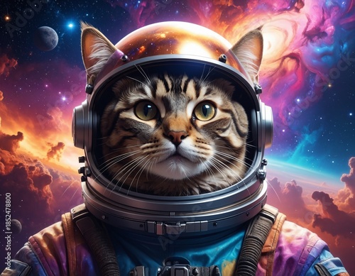 Cat Astronaut In Colorful Spacesuit Exploring Outer Space With Vibrant Nebula Background And Stunning Galaxy