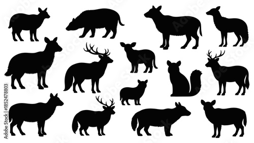 Collection of various animal silhouettes including deer, boar, and other mammals in different poses.