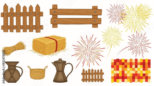 Collection of various farm and festive elements including fences, hay bales, and fireworks.