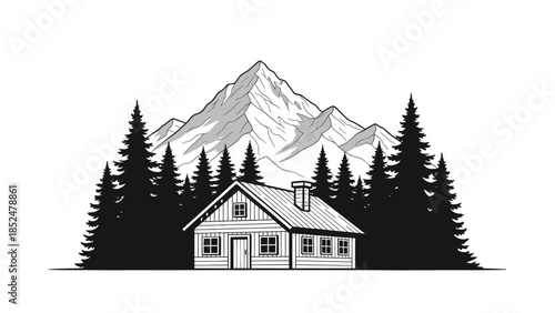 Cozy Cabin Nestled Among Tall Pine Trees and Majestic Mountains.