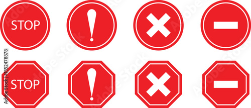Set stop red sign icon with white hand, do not enter. Warning stop sign stock of vector illustration