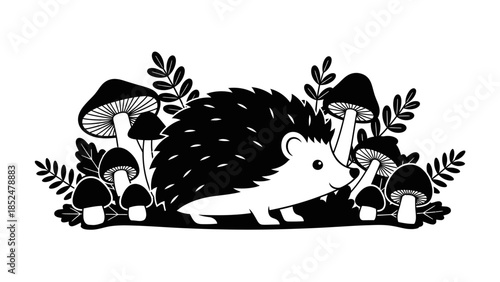 Cute Hedgehog Walking Among Forest Mushrooms Black and White Illustration.