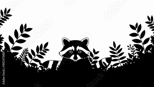 Cute Raccoon Peeking Through Foliage Black and White Illustration.