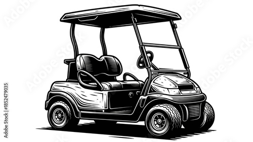 Detailed illustration of a golf cart in black and white.