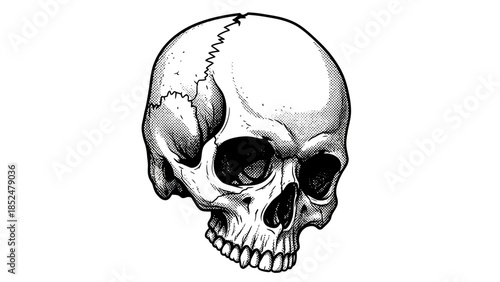 Detailed Hand-Drawn Human Skull Illustration with Shading and Texture.