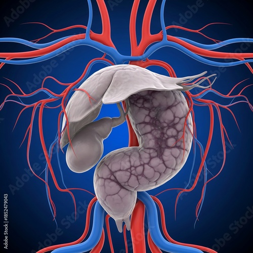Ischemic Gallbladder Disease: A gallbladder colored a dull, lifeless gray/purple, contrasted sharply against bright, healthy surrounding vessels, showing lack of blood supply. Deep, dramatic blue back