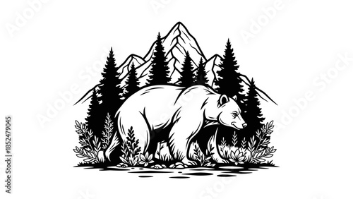 Detailed illustration of a powerful grizzly bear walking through a forest.
