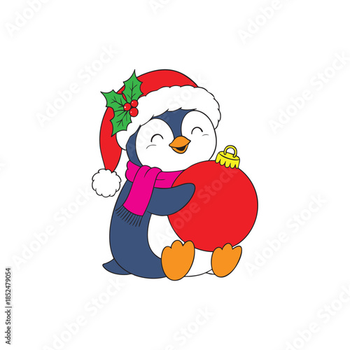 Adorable penguin wearing a Santa hat and scarf