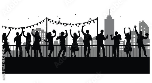 A joyous rooftop party scene with celebrating people and city skyline depicted as a silhouette