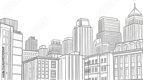 Detailed Line Art Sketch of a Modern Cityscape with Tall Buildings.