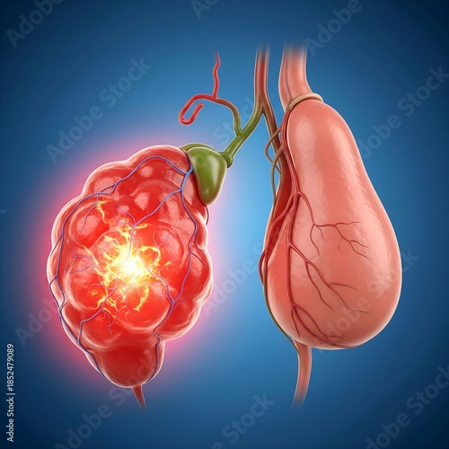 Cholecystitis: A human gallbladder, visibly swollen and intensely inflamed with a fiery red glow and pulsating veins, positioned next to a healthy, calm gallbladder for contrast. Blue background. High