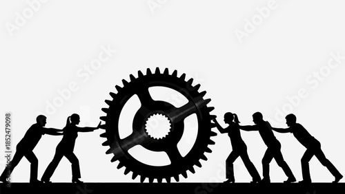 A group of people work together to turn a large gear, symbolizing teamwork and collaboration in a simple illustration.