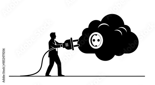 A man plugs an electrical cord into a cloud with a smiling face.
