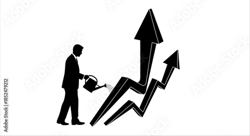 Businessman nurturing growth with careful investment, tending to rising graph with precision and care, illustrating the concept of strategic financial planning and development.