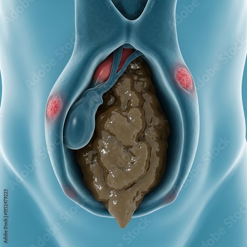 Cholecystitis from Bile Sludge: A human gallbladder filled with thick, viscous bile sludge, appearing heavy and murky, unable to contract properly. The outer wall is irritated. Light blue background, 