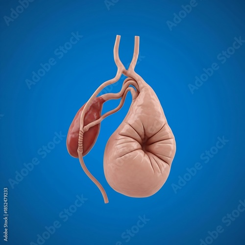 Acalculous Cholecystitis: A limp, shriveled human gallbladder, completely devoid of stones but severely distended and pale from inflammation. The bile ducts are constricted. Blue background, medical d