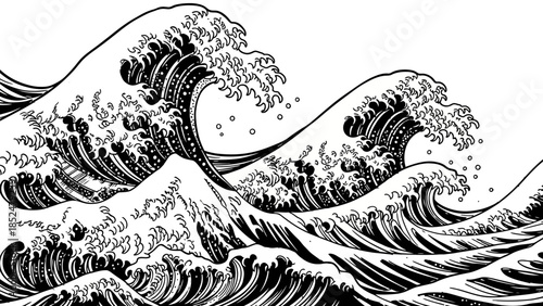 Dynamic Ocean Waves Hand Drawn Illustration in Traditional Japanese Art Style.