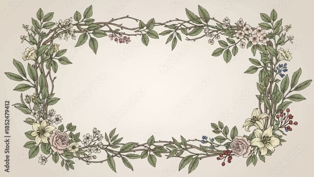 Fototapeta premium Elegant Floral Border with Delicate Flowers and Green Leaves.