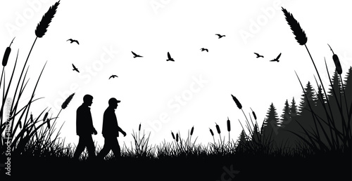 Two men silhouette walking in tall grass and reeds, surrounded by flying birds and pine trees, symbolizing nature walk, friendship, outdoor adventure, and 