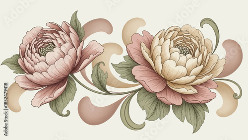 Elegant Floral Arrangement with Peonies and Swirling Leaves.
