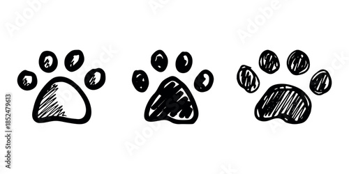Set of hand drawn cute cat's paw Cat, dog, animal footprint in doodle style Single element for print, web, design, decor, greeting cards, children's prints