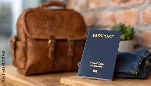 An American citizen is preparing to travel abroad: they have prepared rucksack, American passport and jeans. Packing your things for foreign travel