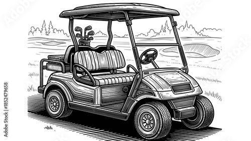 Golf Cart Illustration Black and White Sketch.