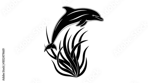 Graceful Dolphin Leaping Above Stylized Underwater Plants Silhouette.