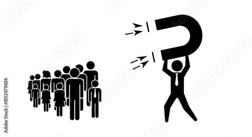 A person in a suit holding a large magnet attracts a diverse crowd of people, simple illustration concept